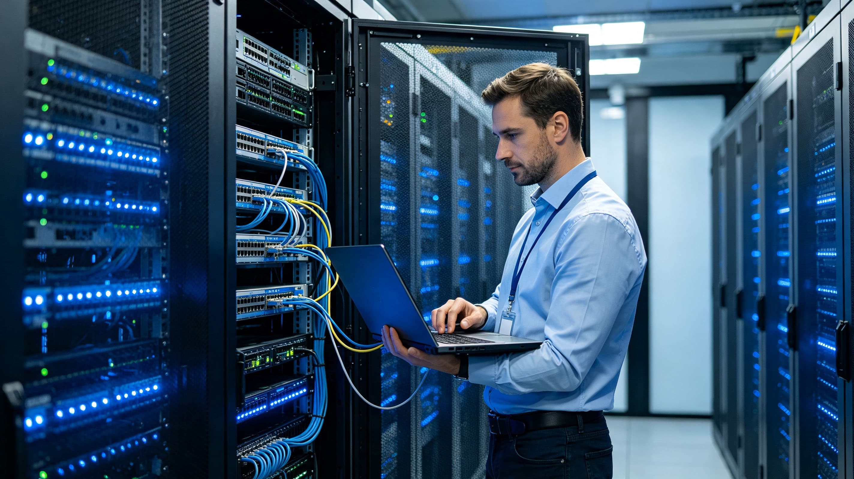 Engineer troubleshooting network cables