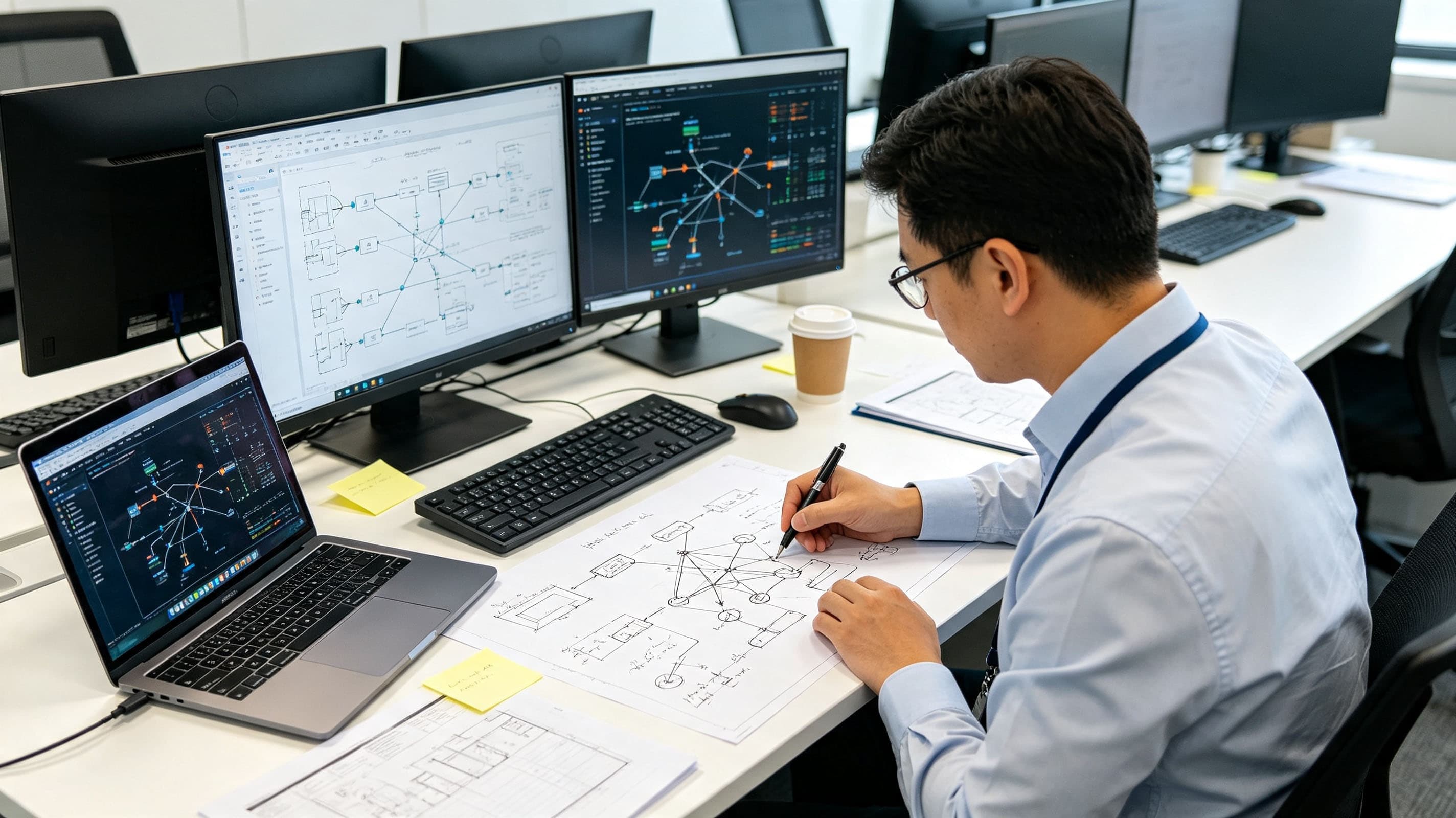 Engineer writing technical solution on paper